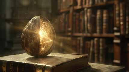 A walnut is on top of a book with a light shining on it