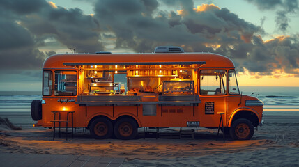 Orange Food Truck Parked On Beach At Sunset