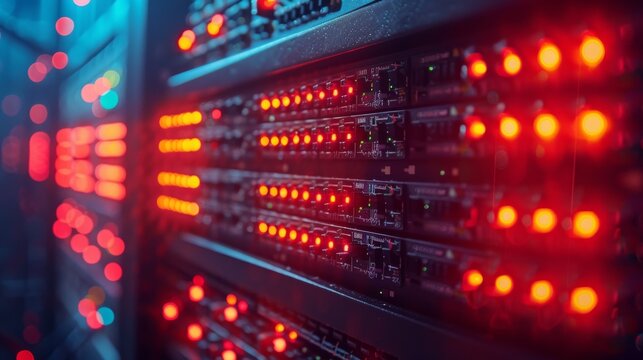 A tech room with server racks displaying vivid red and blue indicator lights in a dark environment