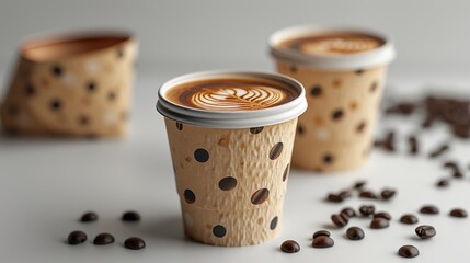 Two coffee cups with intricate latte art on top surrounded by scattered coffee beans on a surface