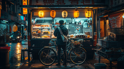 A Man Stands By His Bicycle at a Nighttime Food Stall in a Narrow Alley