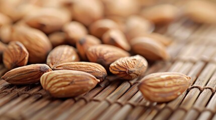 Naklejka premium Almonds scattered on a wooden mat