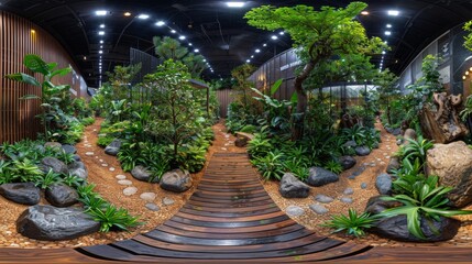 An immersive 360-degree panorama of a bustling green technology expo, where innovators and thought leaders converge to showcase