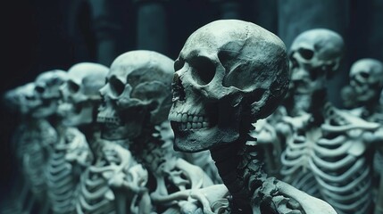 A sinister display of human skulls lined up, casting a chilling atmosphere