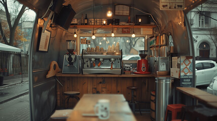 A Cozy Coffee Shop Inside a Vintage Camper Van on a Rainy Day