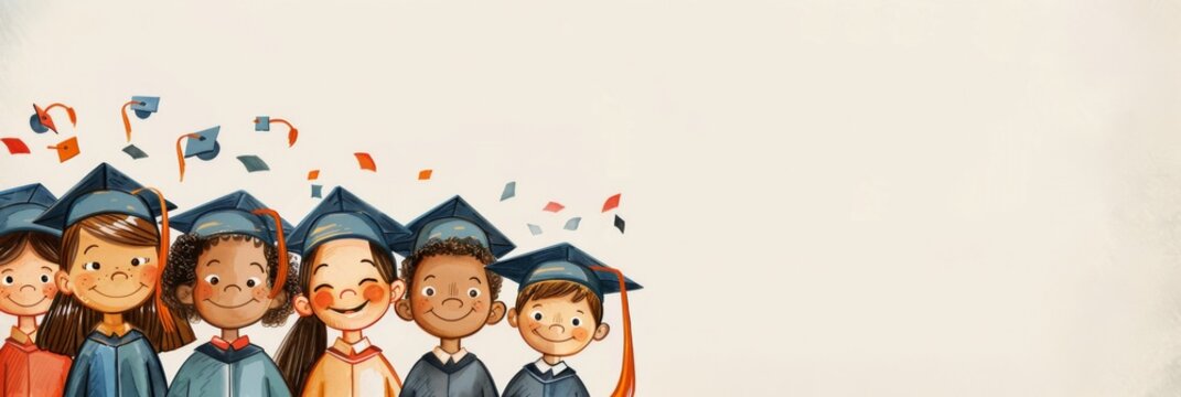 Horizontal banner, flat illustration. Smiling children in graduation cap. Pupils enjoy the holidays. End of the school year. Light background. Free space for text. Copy space
