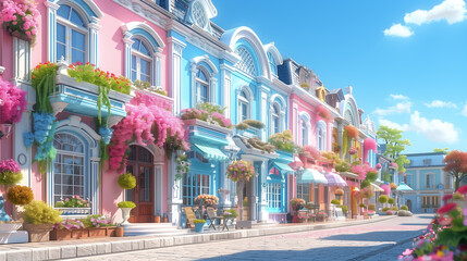 Fototapeta premium A bright and vibrant front view of a row of shop houses painted in pastel colors, set in a sunny summer day.