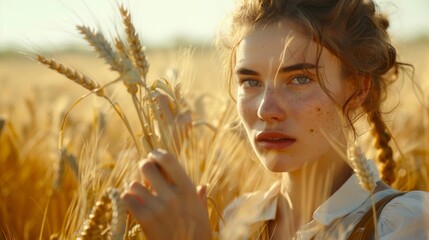 A beautiful graceful female in golden wheat field