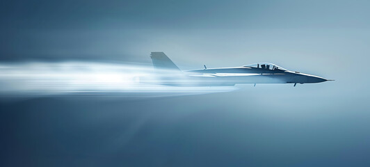 A jet fighter breaking the sound barrier with a visible shockwave, side view, showcasing extreme speed and power, advanced tone, Complementary Color Scheme