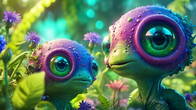Adorable, friendly green aliens with large eyes surrounded by purple flowers in lush landscape on a futuristic alien terrain. Fantasy world. Concept of extraterrestrial nature, sci-fi, whimsy