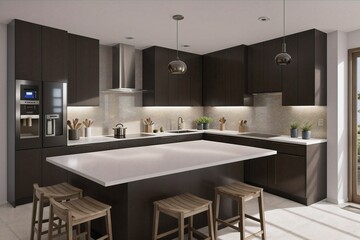 Scandinavian classic kitchen with wooden and white details, minimalistic interior design