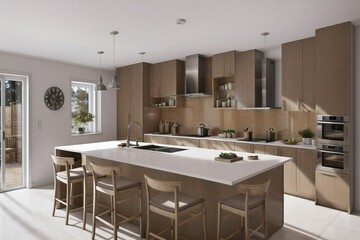 Scandinavian classic kitchen with wooden and white details, minimalistic interior design