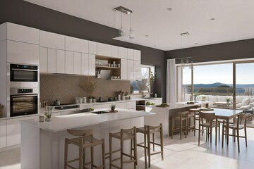 Scandinavian classic kitchen with wooden and white details, minimalistic interior design