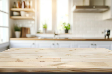 Empty wooden countertop in a clean, bright kitchen with blurred white tones, ideal for product display and copy space.