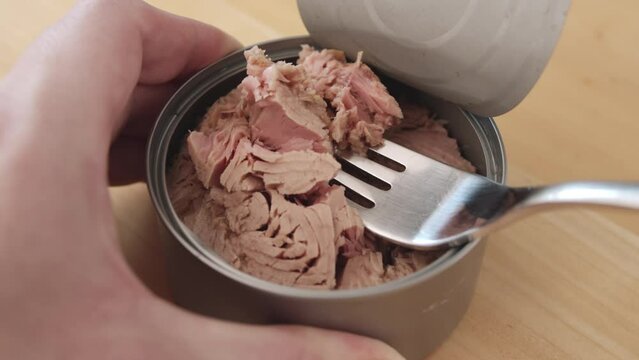 Closeup on tuna in a can. Fork takes tuna out of an aluminum can.