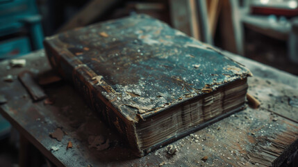 Obraz premium A book with a worn cover sits on a table