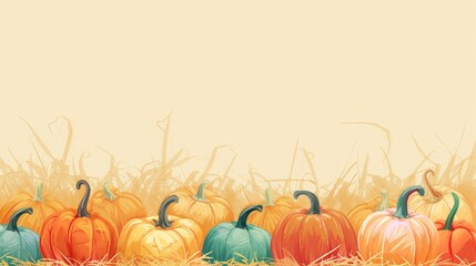 Vector illustration drawing of colorful pumpkins on hay