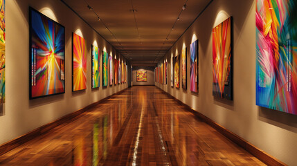 A contemporary gallery hallway with polished wooden floors and elegant recessed lighting showcasing vibrant paintings.
