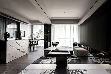 Dark living room interior with black empty wall. Stylish Interior Design Background. Industrial Living Room