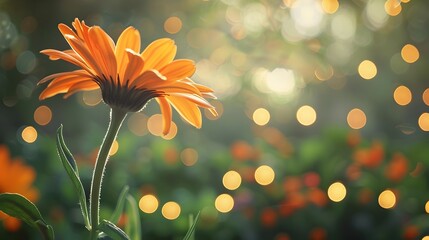 Enchanted Orange Daisy Flower with Fairy Lights and Bokeh in Ethereal Garden Landscape