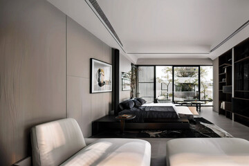 Dark living room interior with black empty wall. Stylish Interior Design Background. Industrial Living Room