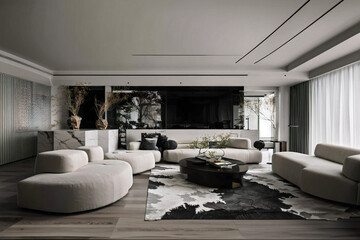 Dark living room interior with black empty wall. Stylish Interior Design Background. Industrial Living Room