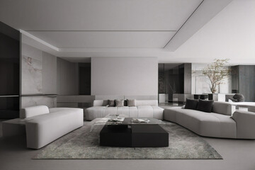 Dark living room interior with black empty wall. Stylish Interior Design Background. Industrial Living Room