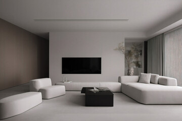 Dark living room interior with black empty wall. Stylish Interior Design Background. Industrial Living Room