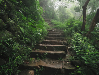 A forest path with a series of stone steps leading up to a hill