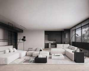 Dark living room interior with black empty wall. Stylish Interior Design Background. Industrial Living Room