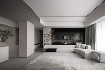 Dark living room interior with black empty wall. Stylish Interior Design Background. Industrial Living Room