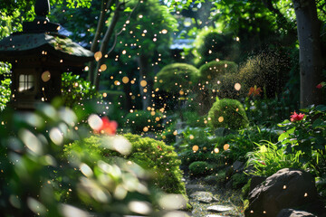 A garden with a small gazebo and a stone path