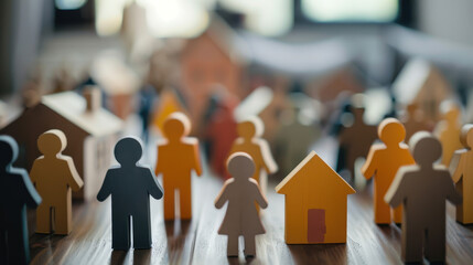 A group of people are standing around a house