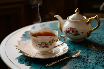 Fototapeta premium A cup of hot tea on a fine china saucer