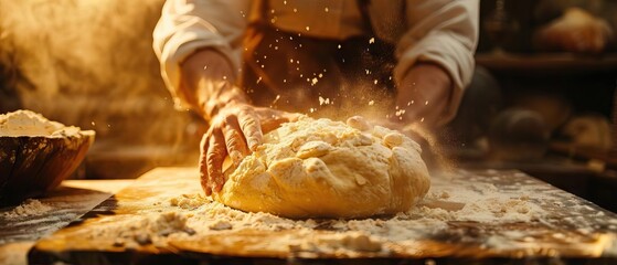 Baker kneading dough on a floured surface in a rustic kitchen, light highlighting flour particles