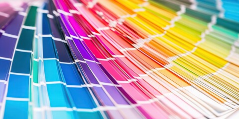 Color guide close up. Assortment of colors for design. Colors palette fan on a white concrete wall background. Graphic designer chooses colors from the color palette guide. Coloured swatches catalogue