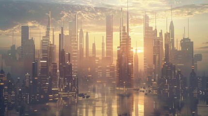 Fototapeta premium Futuristic fantasy city skyline at sunset, featuring tall skyscrapers and a beautiful reflection on surrounding water