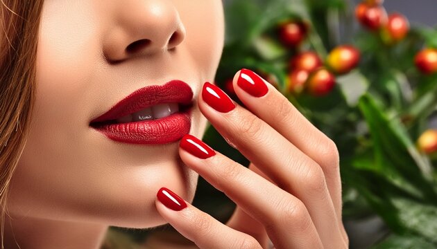 rosto feminino em close com a boca e as unhas pintadas de vermelho