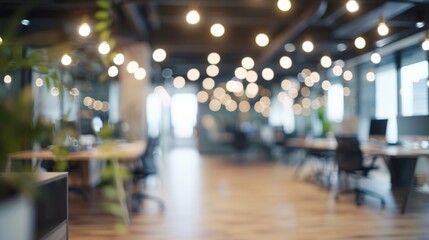Fototapeta premium Modern open office space with blurred background, featuring table setting, for business and workspace concepts