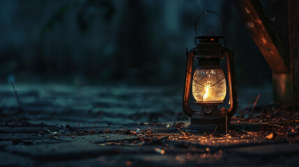 A lantern is lit in the dark, casting a warm glow on the ground