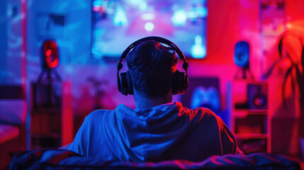 Obraz premium A man is sitting in a room with a television and headphones on