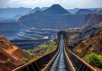 A conveyor belt system transporting freshly mined ore to a processing plant, with mountains of material in the background