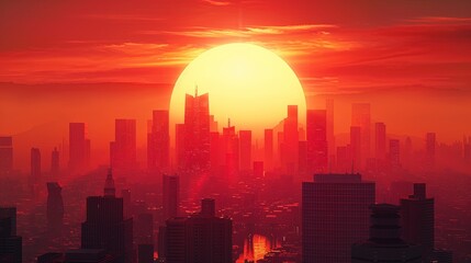 Hot red glowing sun in sky over a large city in summer