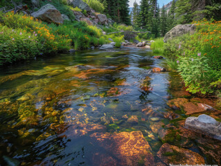 A stream with a rocky bottom and a lush green bank