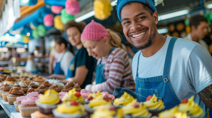 Volunteers selling baked goods at a bustling bake sale, colorful treats and smiling faces, lower third copy space