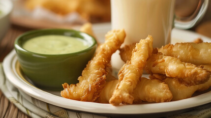 Plate of Crispy Fried Dough Sticks with Glass of Soy Milk and Creamy Dip