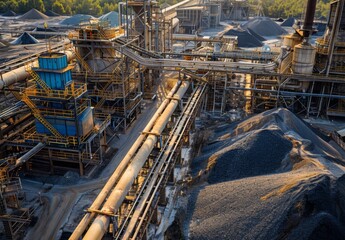 A detailed shot of a mineral processing plant with machinery, pipelines, and stockpiles of processed materials, photo --no bw --ar 1028:689 --stylize 250 Job ID: e34aa023-9a53-4c98-93b3-4744e38260db