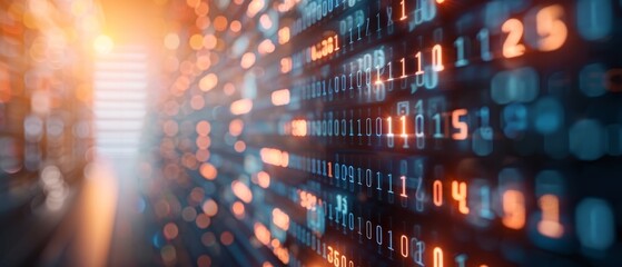 Obraz premium Abstract digital data display with glowing binary code, representing modern technology and cybersecurity in a futuristic setting.