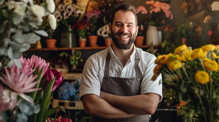 Smiling male florist with beard and apron standing among vibrant flowers in a floral shop, arms crossed, looking at camera