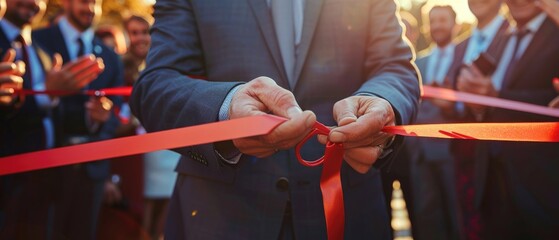 Businessman cutting a red ribbon at a grand opening event with an audience in the background under the warm sunlight.